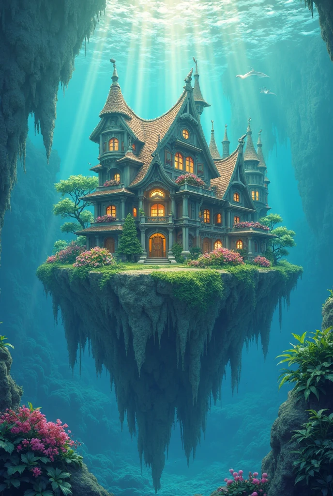 Color (fantasy: 1.2), (Studio Ghibli Style), (Irregular Architecture Floating on the Sea), Patchwork Cottage, Floral Decor, Light, Concept Art Inspired by Andreas Rocha, Artstation Competition Winning Entry, fantasy art, (Underwater City), Ross Chen, Light Beam, Realistic Lighting, masterpiece, high quality, Beautiful Graphics, High Detail, masterpiece, high quality, Beautiful Graphics, High Detail, --v6
