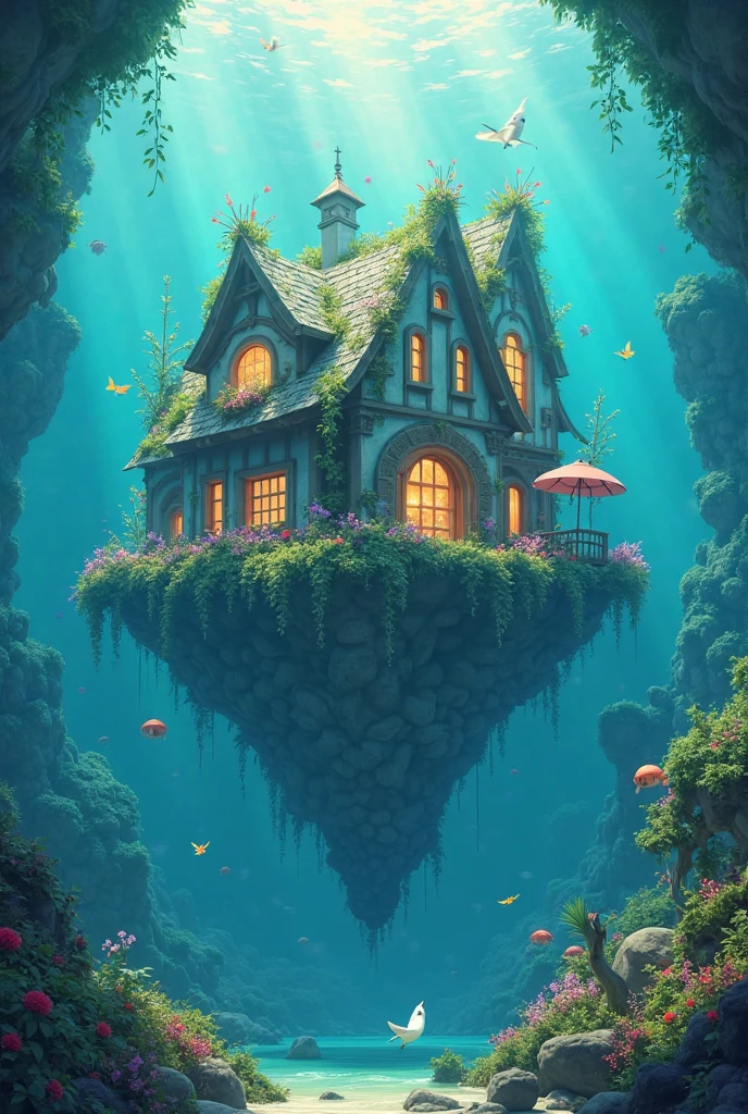 Color (fantasy: 1.2), (Studio Ghibli Style), (Irregular Architecture Floating on the Sea), Patchwork Cottage, Floral Decor, Light, Concept Art Inspired by Andreas Rocha, Artstation Competition Winning Entry, fantasy art, (Underwater City), Ross Chen, Light Beam, Realistic Lighting, masterpiece, high quality, Beautiful Graphics, High Detail, masterpiece, high quality, Beautiful Graphics, High Detail, --v6