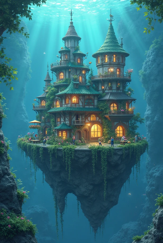 Color (fantasy: 1.2), (Studio Ghibli Style), (Irregular Architecture Floating on the Sea), Patchwork Cottage, Floral Decor, Light, Concept Art Inspired by Andreas Rocha, Artstation Competition Winning Entry, fantasy art, (Underwater City), Ross Chen, Light Beam, Realistic Lighting, masterpiece, high quality, Beautiful Graphics, High Detail, masterpiece, high quality, Beautiful Graphics, High Detail, --v6