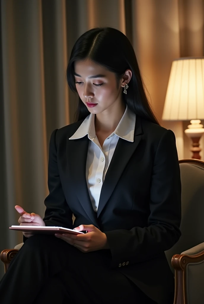 A lady in a suit using a tablet in her room, service, Seon Yun-joo, Stills from the live-action , Park Shin-hye as a supervillain, full device, using a magical tablet,  iu Lee Ji-eun as a supervillain , Side posture, [  realistic photo  ]!!, shin min jeong, Serious Things, Lazy, Elegant appearance