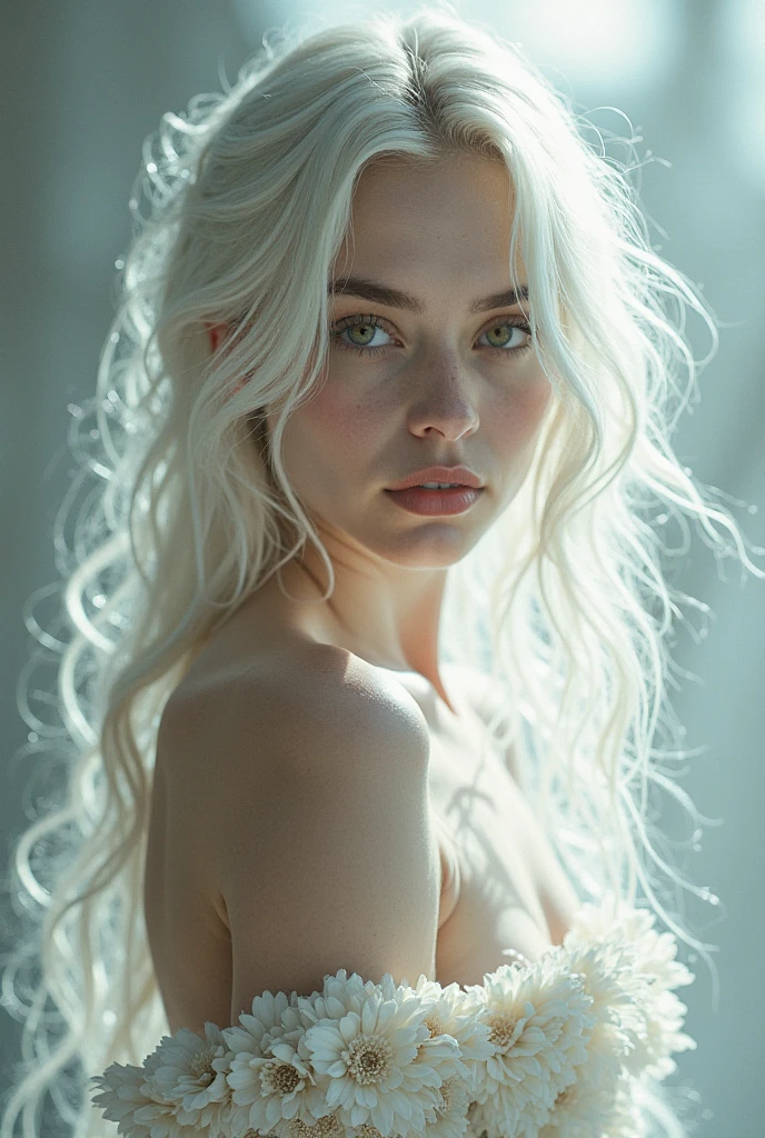 , шедевр, ultra-haute résolution, (Reality: 1.4), RAW Photos, 1 fille, offshoulder, luz,heterochromia, cheveux blancs, cheveux blancs