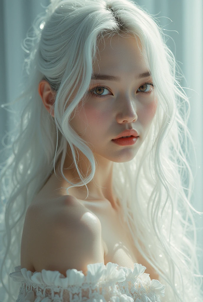 , шедевр, ultra-haute résolution, (Reality: 1.4), RAW Photos, 1 fille, offshoulder, luz,heterochromia, cheveux blancs, cheveux blancs