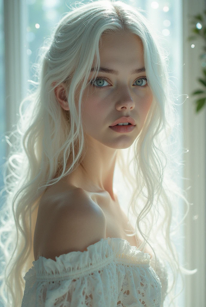 , шедевр, ultra-haute résolution, (Reality: 1.4), RAW Photos, 1 fille, offshoulder, luz,heterochromia, cheveux blancs, cheveux blancs