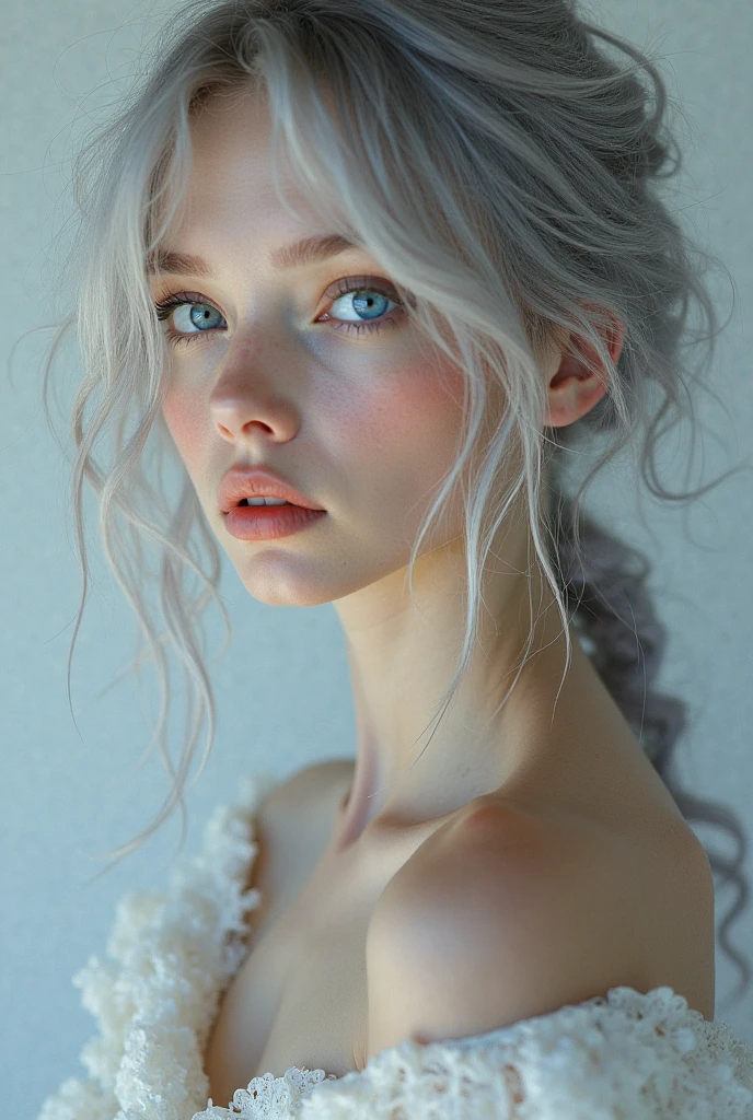 , masterpiece, Ultra High Resolution, (Realistis: 1.4), RAW photos , 1 girl , Off-the-shoulder, optic,Heterochromia, gray hair, gray hair