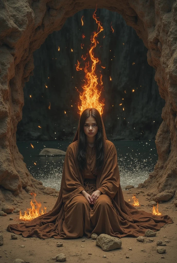 (, masterpiece), (1 girl , solitude,Brown robe, expression face, look elsewhere , Seats, Wide sleeves, Dark eyes, shut up, ribbon-like flames on the head , long hair, cow boy shot), (Mono Color, the night sky at the entrance to the cave , light rising from the bottom , In the cave , white particles floating on the bottom, Flames burning at hand , Many small flames are suspended ),
