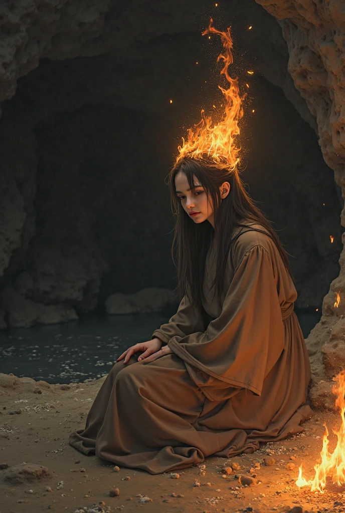 (, masterpiece), (1 girl , solitude,Brown robe, expression face, look elsewhere , Seats, Wide sleeves, Dark eyes, shut up, ribbon-like flames on the head , long hair, cow boy shot), (Mono Color, the night sky at the entrance to the cave , light rising from the bottom , In the cave , white particles floating on the bottom, Flames burning at hand , Many small flames are suspended ),
