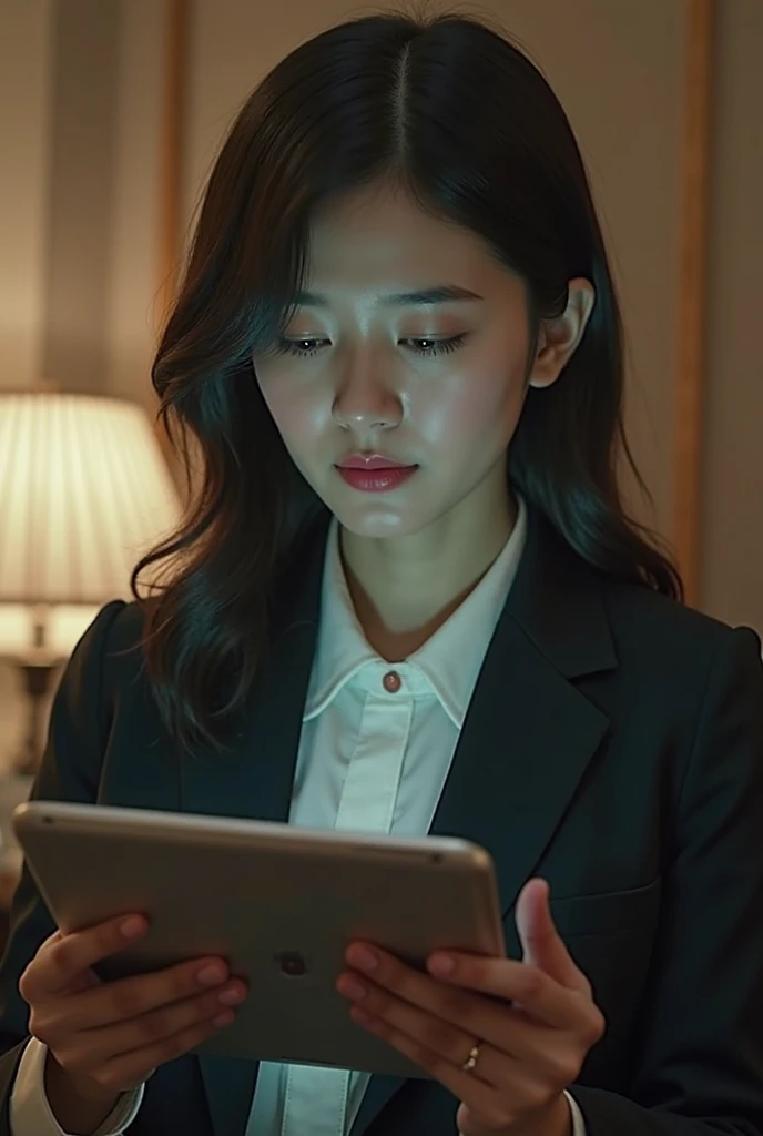 A lady in a suit using a tablet in her room, service, Seon Yun-joo, Stills from the live-action , Park Shin-hye as a supervillain, full device, using a magical tablet,  iu Lee Ji-eun as a supervillain , Side posture, [  realistic photo  ]!!, shin min jeong, Serious Things, Lazy, Elegant appearance
