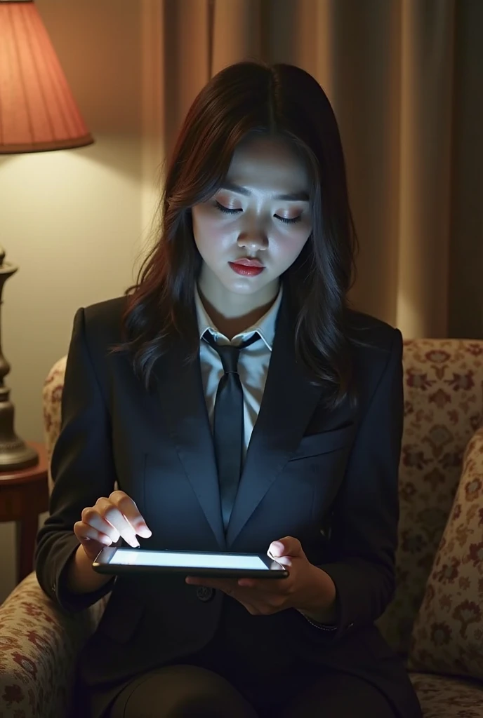 A lady in a suit using a tablet in her room, service, Seon Yun-joo, Stills from the live-action , Park Shin-hye as a supervillain, full device, using a magical tablet,  iu Lee Ji-eun as a supervillain , Side posture, [  realistic photo  ]!!, shin min jeong, Serious Things, Lazy, Elegant appearance