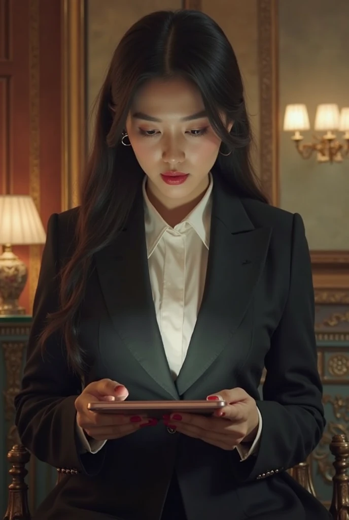 A lady in a suit using a tablet in her room, service, Seon Yun-joo, Stills from the live-action , Park Shin-hye as a supervillain, full device, using a magical tablet,  iu Lee Ji-eun as a supervillain , Side posture, [  realistic photo  ]!!, shin min jeong, Serious Things, Lazy, Elegant appearance