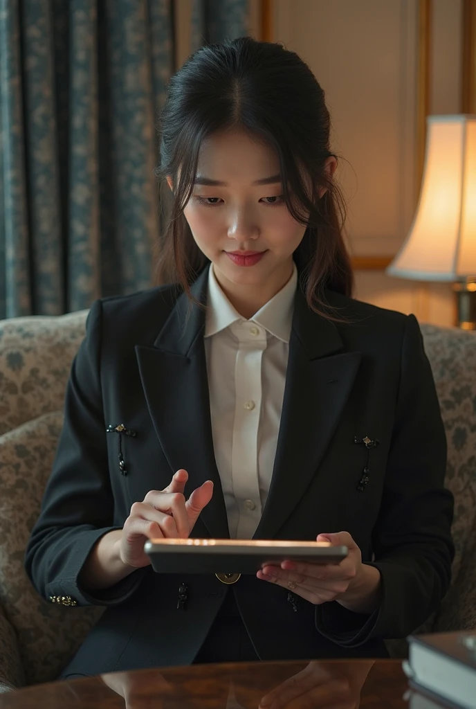 A lady in a suit using a tablet in her room, service, Seon Yun-joo, Stills from the live-action , Park Shin-hye as a supervillain, full device, using a magical tablet,  iu Lee Ji-eun as a supervillain , Side posture, [  realistic photo  ]!!, shin min jeong, Serious Things, Lazy, Elegant appearance