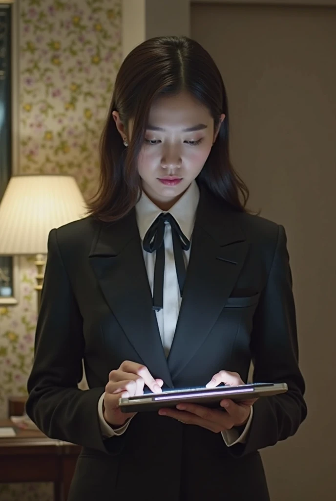 A lady in a suit using a tablet in her room, service, Seon Yun-joo, Stills from the live-action , Park Shin-hye as a supervillain, full device, using a magical tablet,  iu Lee Ji-eun as a supervillain , Side posture, [  realistic photo  ]!!, shin min jeong, Serious Things, Lazy, Elegant appearance