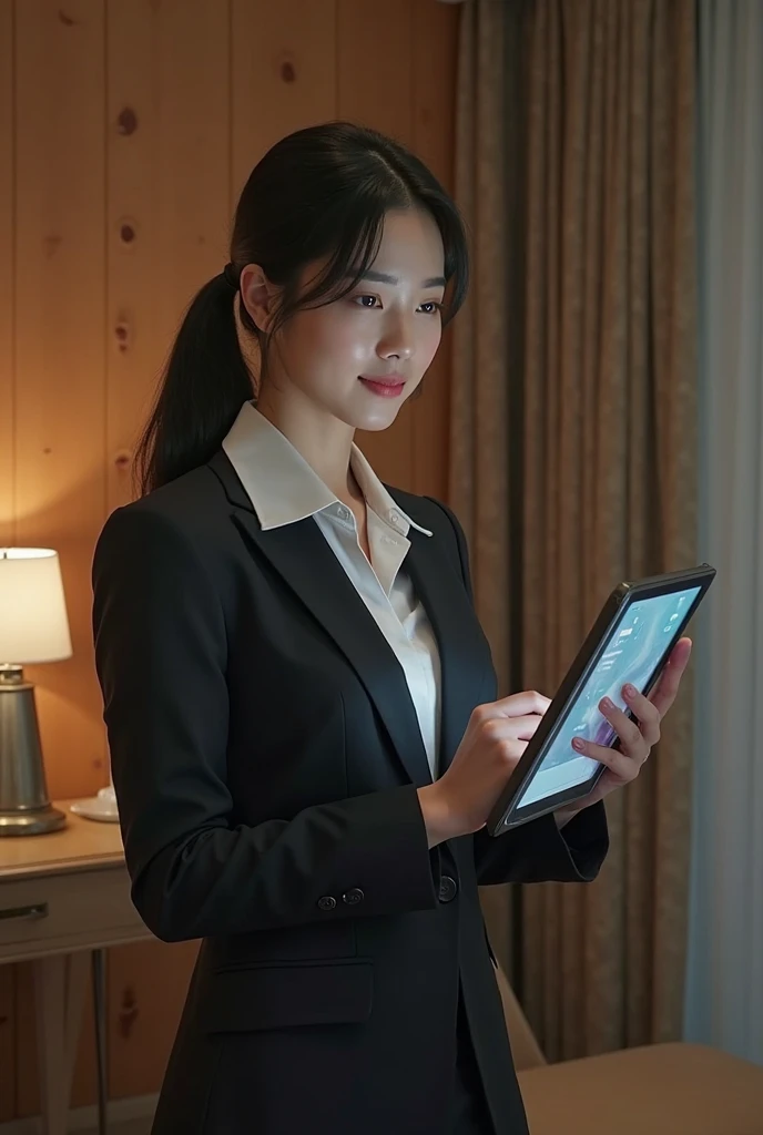 A lady in a suit using a tablet in her room, service, Seon Yun-joo, Stills from the live-action , Park Shin-hye as a supervillain, full device, using a magical tablet,  iu Lee Ji-eun as a supervillain , Side posture, [  realistic photo  ]!!, shin min jeong, Serious Things, Lazy, Elegant appearance