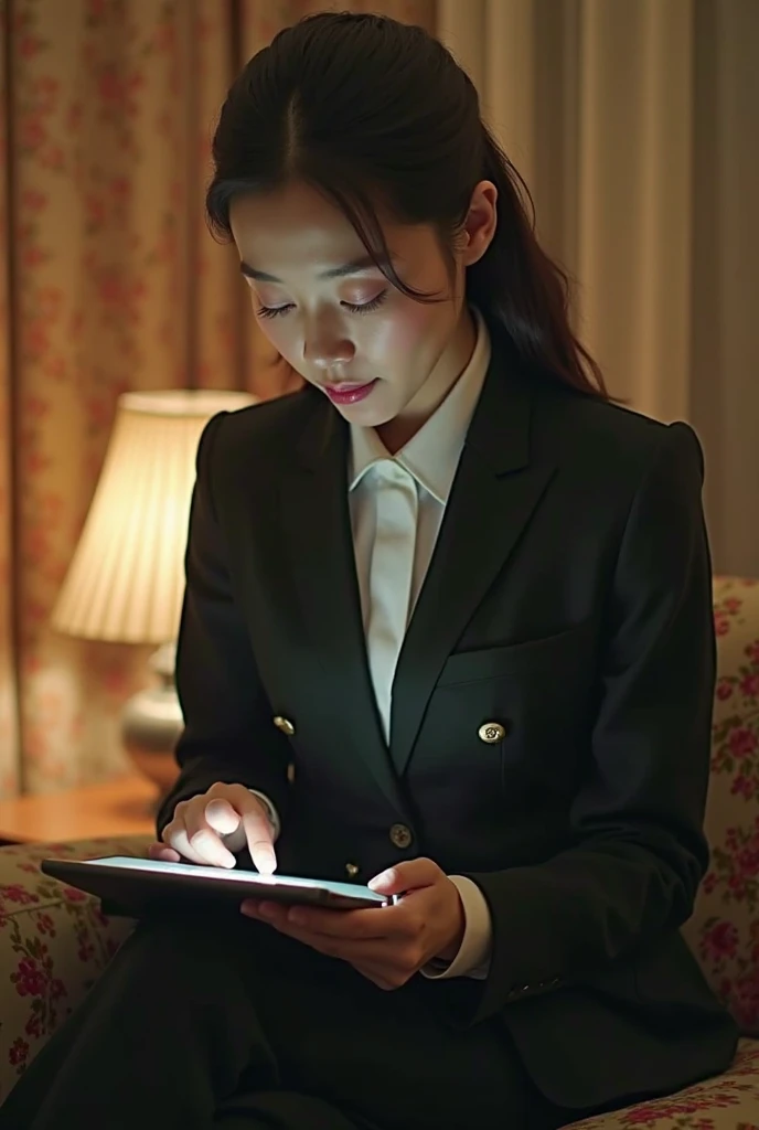 A lady in a suit using a tablet in her room, service, Seon Yun-joo, Stills from the live-action , Park Shin-hye as a supervillain, full device, using a magical tablet,  iu Lee Ji-eun as a supervillain , Side posture, [  realistic photo  ]!!, shin min jeong, Serious Things, Lazy, Elegant appearance