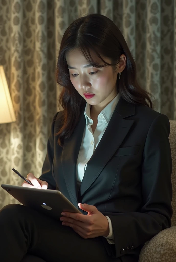 A lady in a suit using a tablet in her room, service, Seon Yun-joo, Stills from the live-action movie, Park Shin-hye as a supervillain, full device, using a magical tablet,  iu Lee Ji-eun as a supervillain , Side posture, [  realistic photo  ]!!, shin min jeong, Serious Things, Lazy, Elegant appearance