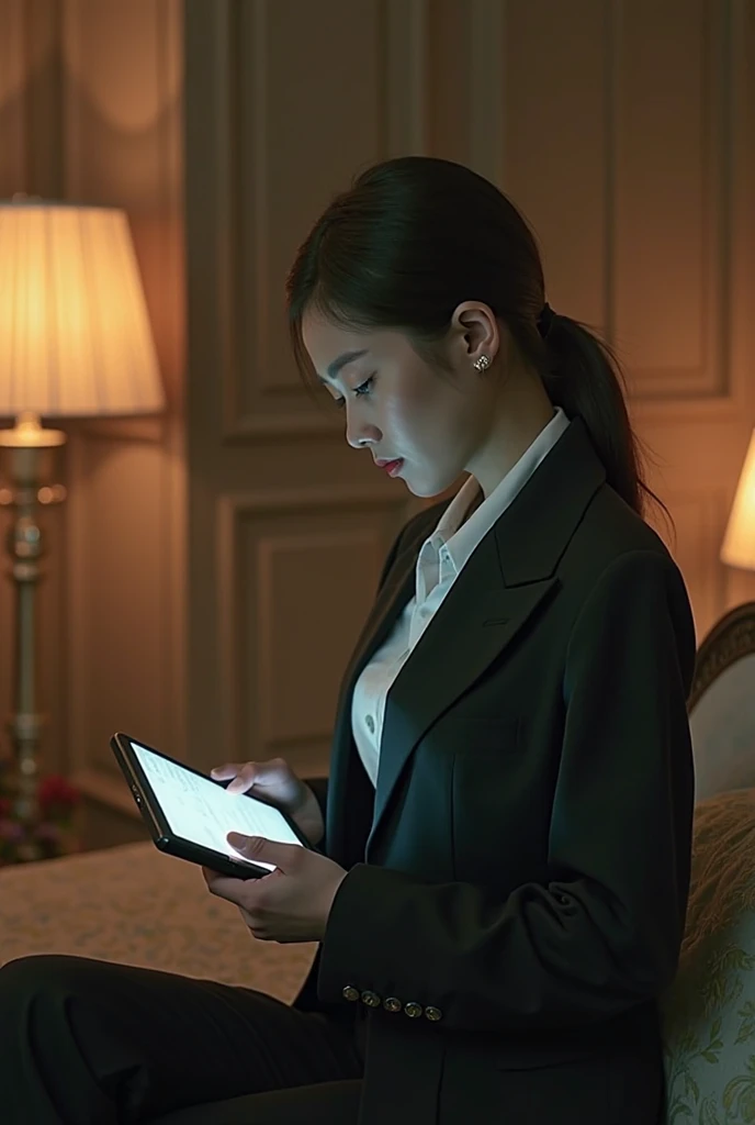A lady in a suit using a tablet in her room, service, Seon Yun-joo, Stills from the live-action movie, Park Shin-hye as a supervillain, full device, using a magical tablet,  iu Lee Ji-eun as a supervillain , Side posture, [  realistic photo  ]!!, shin min jeong, Serious Things, Lazy, Elegant appearance