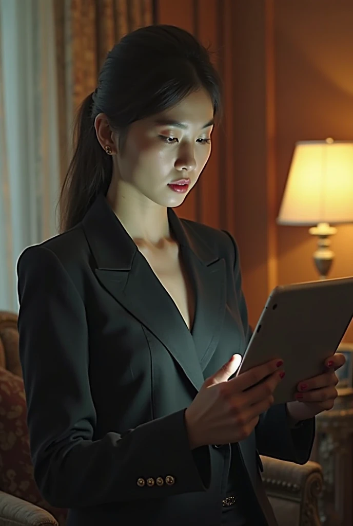 A lady in a suit using a tablet in her room, service, Seon Yun-joo, Stills from the live-action movie, Park Shin-hye as a supervillain, full device, using a magical tablet,  iu Lee Ji-eun as a supervillain , Side posture, [  realistic photo  ]!!, shin min jeong, Serious Things, Lazy, Elegant appearance