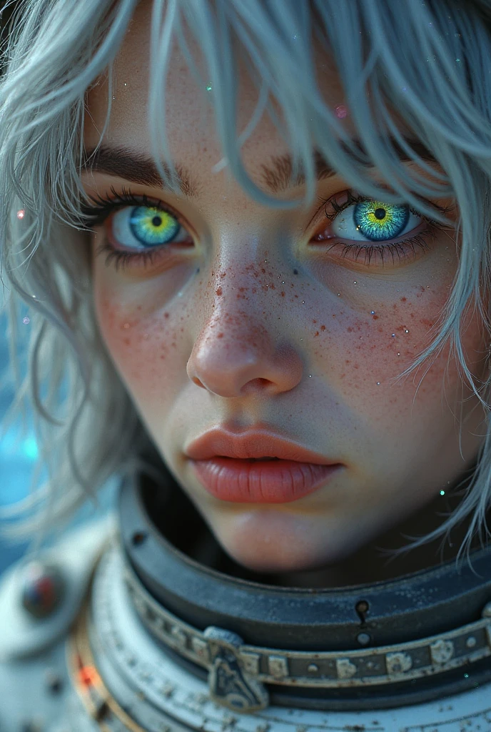 (Close-up of a masterpiece:1.5)0.9]，(Space and astronauts:1.2) (Messy silver hair:1.1) (Heterochromia yellow blue eyes:1.2) (Casque spatial:1.0) (Colorful stars in the eyes:1.0) (Dazzling light:1.1) (Thick lip:0.9)