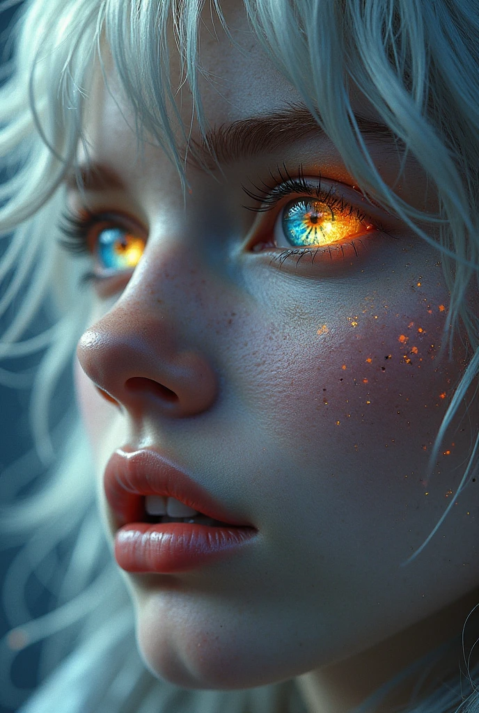 (Close-up of a masterpiece:1.5)0.9]，(Space and astronauts:1.2) (Messy silver hair:1.1) (Heterochromia yellow blue eyes:1.2) (Casque spatial:1.0) (Colorful stars in the eyes:1.0) (Dazzling light:1.1) (Thick lip:0.9)