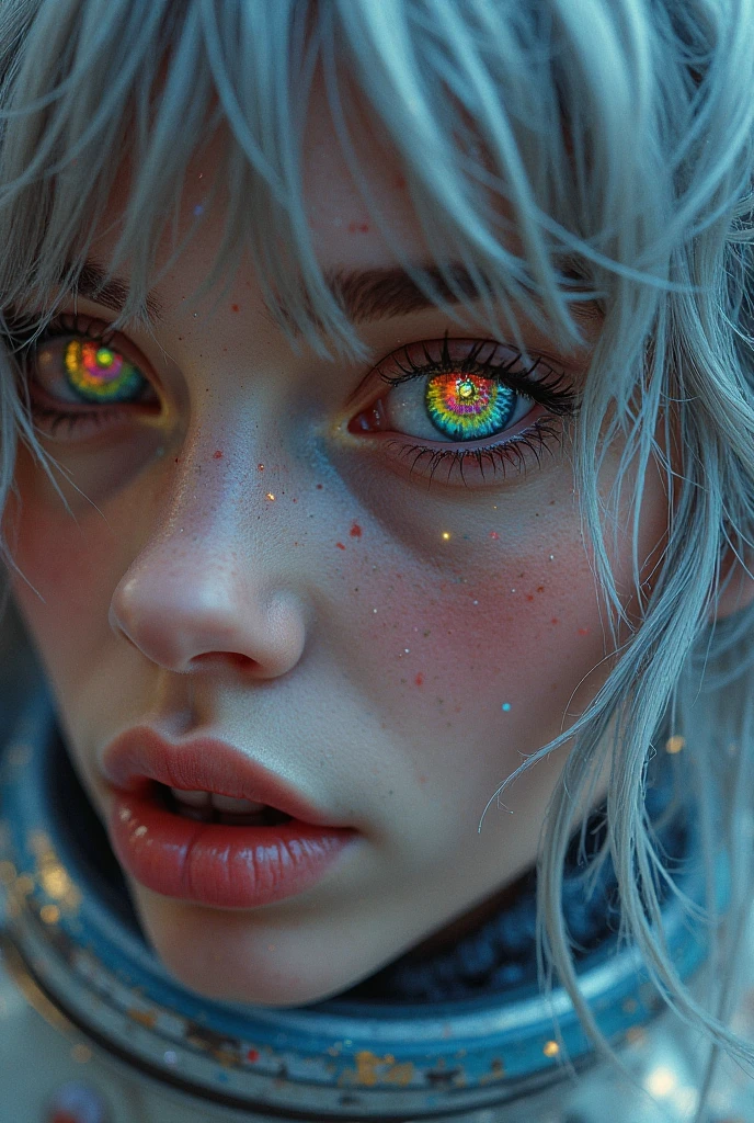 (Close-up of a masterpiece:1.5)0.9]，(Space and astronauts:1.2) (Messy silver hair:1.1) (Heterochromia yellow blue eyes:1.2) (Casque spatial:1.0) (Colorful stars in the eyes:1.0) (Dazzling light:1.1) (Thick lip:0.9)