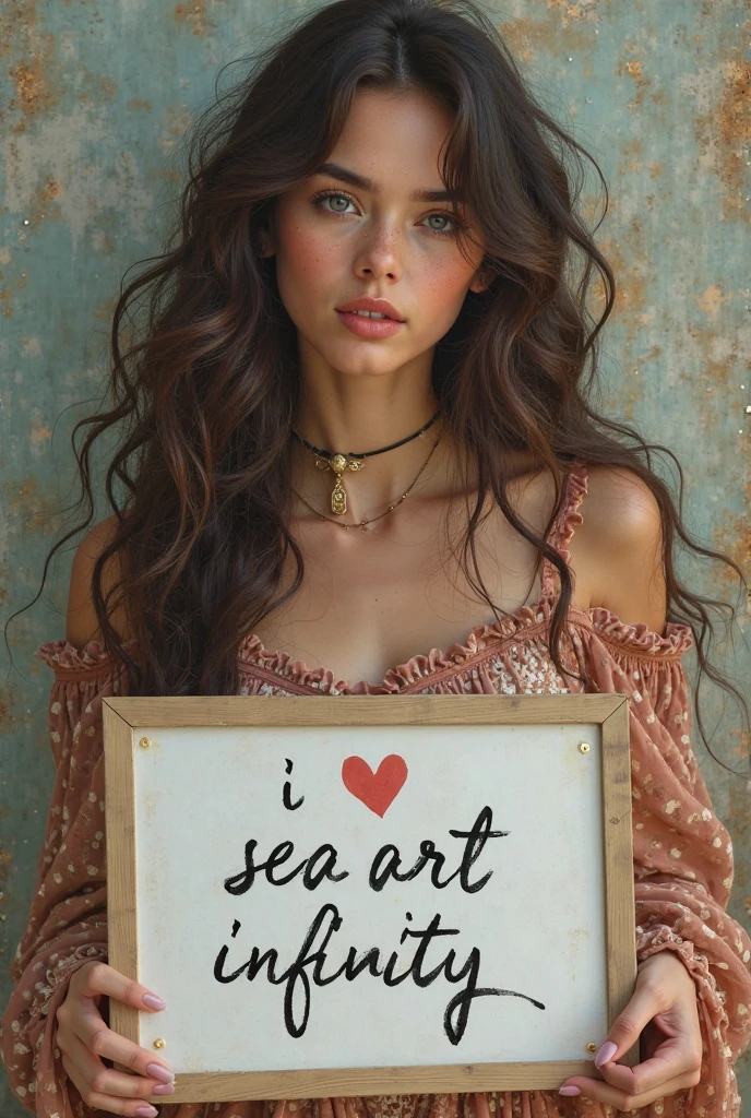 Beautiful girl with wavy long hair,Dressed in a bohemian style,Holding a whiteboard with the words "I Love SeaArt Infinity",and show the audience
