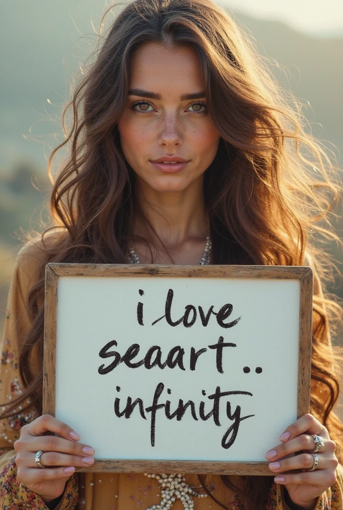 Beautiful girl with wavy long hair，Dressed in a bohemian style，Holding a whiteboard with the words &quot;I Love SeaArt Infinity&quot;，and show the audience