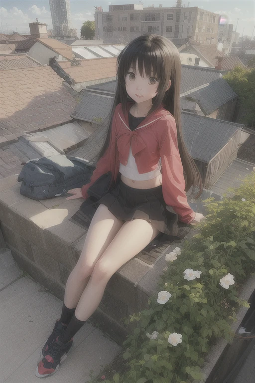 足を組んで棚に座っているAnime, 黒いドレスを着たAnime, sits On the rooftop, Kantai Collection Style, 魅力的なAnime, Anime, cute anime visual, an animated character, anime best, Enchanting Anime, On the rooftop, 若いAnime, makoto shinka, anime moe art style