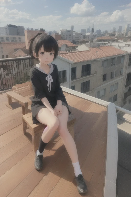 足を組んで棚に座っているAnime, 黒いドレスを着たAnime, sits On the rooftop, Kantai Collection Style, 魅力的なAnime, Anime, cute anime visual, an animated character, anime best, Enchanting Anime, On the rooftop, 若いAnime, makoto shinka, anime moe art style