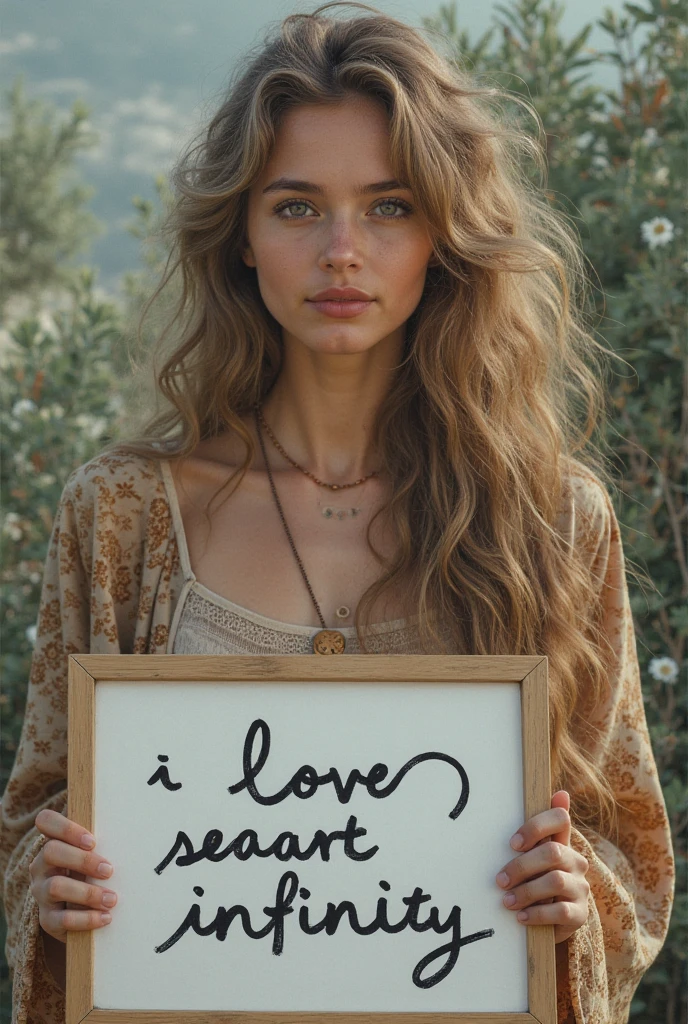Beautiful girl with wavy long hair,Dressed in a bohemian style,Holding a whiteboard with the words "I Love SeaArt Infinity",and show the audience