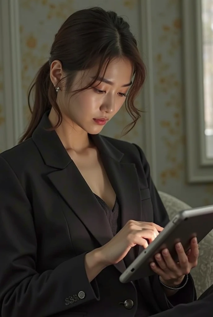 A woman in a suit uses a tablet in her room, service, Seon Yun-joo, still from live action , Park Shin-hye plays a supervillain, full device, Using an amazing tablet,  iu Lee Ji Eun as a supervillain , Side posture, [  Photorealistic photos  ]!!, shin min jeong, Serious Things, Lazy, Elegant appearance