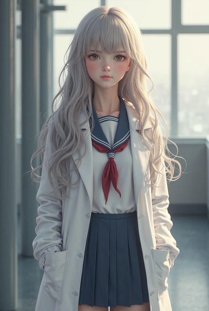 (( has half a white lab coat on the outside)),( Sailor collar uniform ),The shirt, pleatedskirt,[:(Detailed expressions:1.2):0.2], RAW photos , (masterpiece), (), high resolution, (realistic, photo-realistic:1.2), modernn architecture, Physically Based Rendering, 1 girl , Air bangs,  long hair, (silber hair), curlies,
