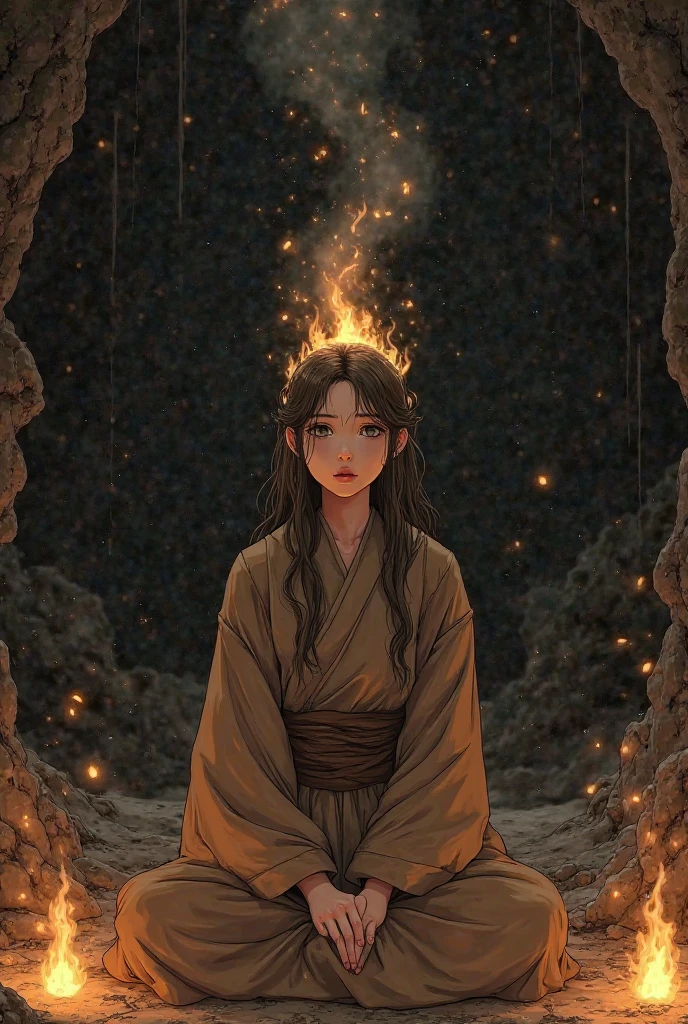 (, masterpiece), (1 girl , solitude,Brown robe, expression face, Look elsewhere , Seats, Wide sleeves, 黑The eye, shut up, ribbon-like flames on the head , long hair, cow boy shot), (Mono Color, the night sky at the entrance to the cave , The light rises from the bottom , In the cave , floating white particles, Flames burning at hand , Many small flames are suspended ),
