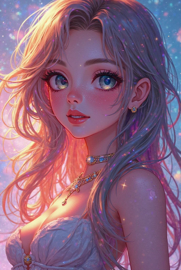 Close-up of a woman with Colorful hair and necklace, Anime girl with cosmic hair, Rossdraws Soft Vitality ,  Gouviz style artwork , fantasy art style, Colorful], Vibrant fantasy style,   Rossore's vibrant cartoon , cosmic and Colorful, Guwitz, Colorful digital fantasy art, stunning art style, beautiful anime style, Shiny Hair