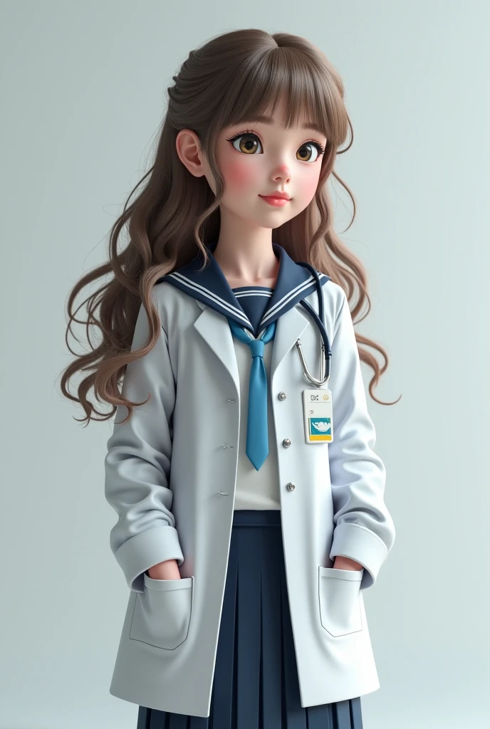 (( has half a white lab coat on the outside)),( Sailor collar uniform ),The shirt, pleatedskirt,[:(Detailed expressions:1.2):0.2], RAW photos , (masterpiece), (), high resolution, (realistic, photo-realistic:1.2), modernn architecture, Physically Based Rendering, 1 girl , Air bangs,  long hair, (silber hair), curlies,
