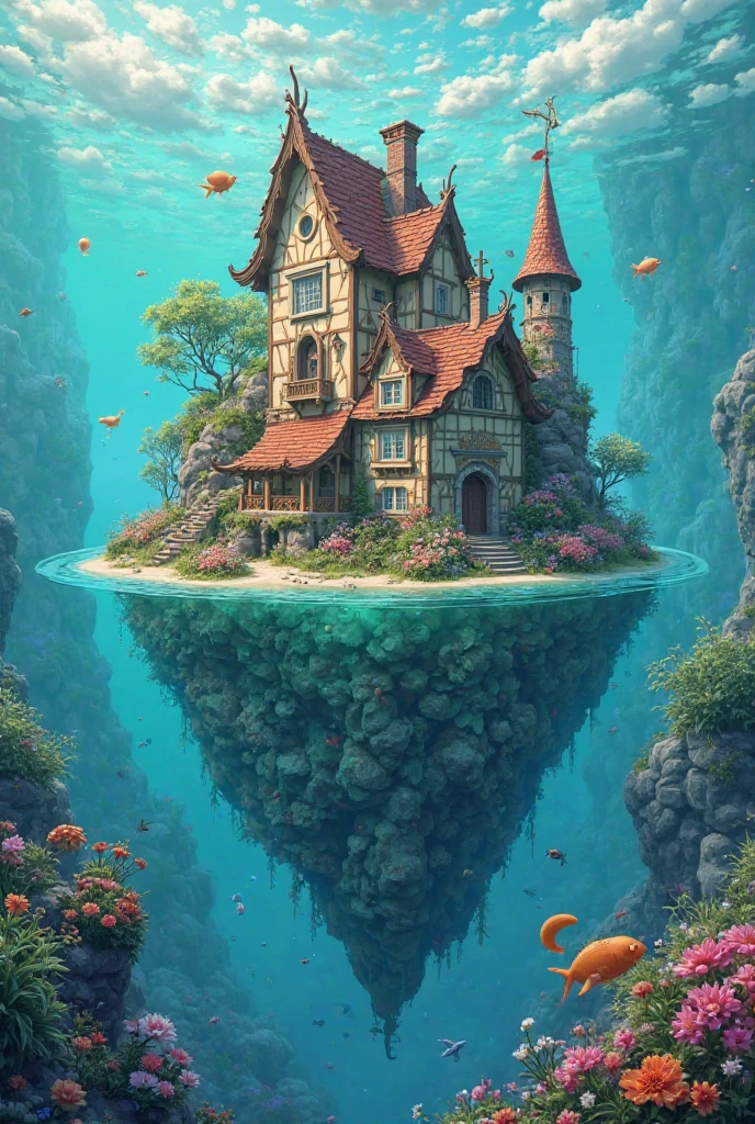 colours (fanciful: 1.2), (In Studio Ghibli style), (Irregular architecture floating on the sea), Patchwork cottage, floral decorations, optic, Andreas Rocha style conceptual art, Artstation Contest Winning Entries , fanciful art, (an underwater city), Chen Luo, optic Beam, Realistic opticing, masterpiece, high high quality, beautiful graphics , High detail , masterpiece, high high quality, beautiful graphics , High detail , --v6