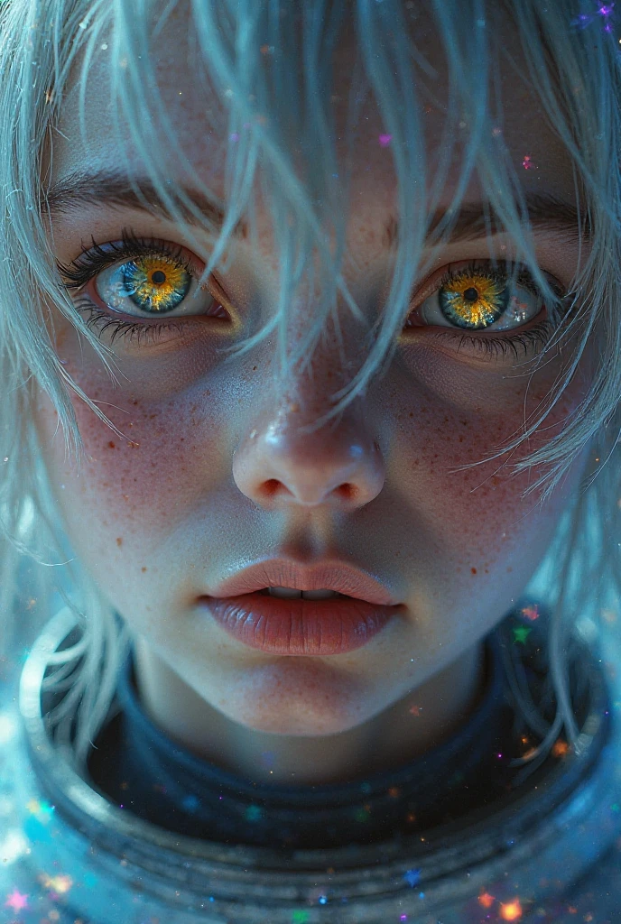 ( Masterpiece close-up :1.5)0.9]，( Space and astronauts :1.2) (Messy silver hair:1.1) ( Different yellow and blue eyes:1.2) ( Casque spatial :1.0) ( colorful stars in the eyes :1.0) ( Dazzling light :1.1) (Thick lip :0.9)