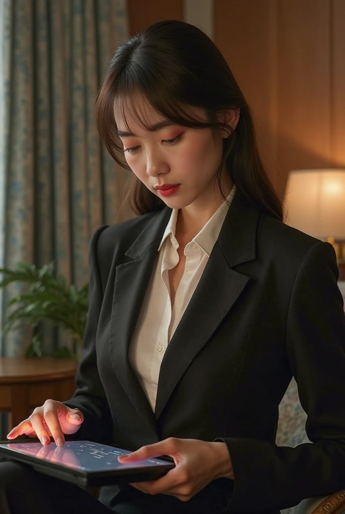 A lady in a suit using a tablet in her room, service, Seon Yun-joo, still from live action , Park Shin-hye plays a supervillain, full device, using a magical tablet,  iu Lee Ji Eun as a supervillain , Side posture, [  Photorealistic photos  ]!!, shin min jeong, Serious Things, Lazy, Elegant appearance