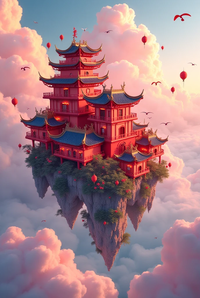 colours (fanciful: 1.2), ( Traditional Chinese Style ), ( Irregular Red Buildings Floating in the Clouds), Patchwork cottage , floral decorations , lamp lights, Andreas Rocha style conceptual art, Artstation Contest Winners , fanciful art, ( Castle in the Sky ), Chen Luo, Axis , Realistic Lighting, masterpiece, high high quality, beautiful graphics , High detail , masterpiece, high high quality, beautiful graphics , High detail , , ( Seabirds Flying in the Sky )