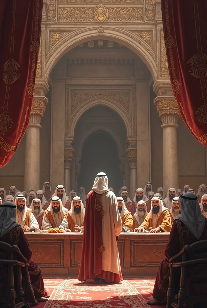 Visual: Umar led the meeting with the companions around him, show a firm but fair attitude, with books and legal notes in front of him