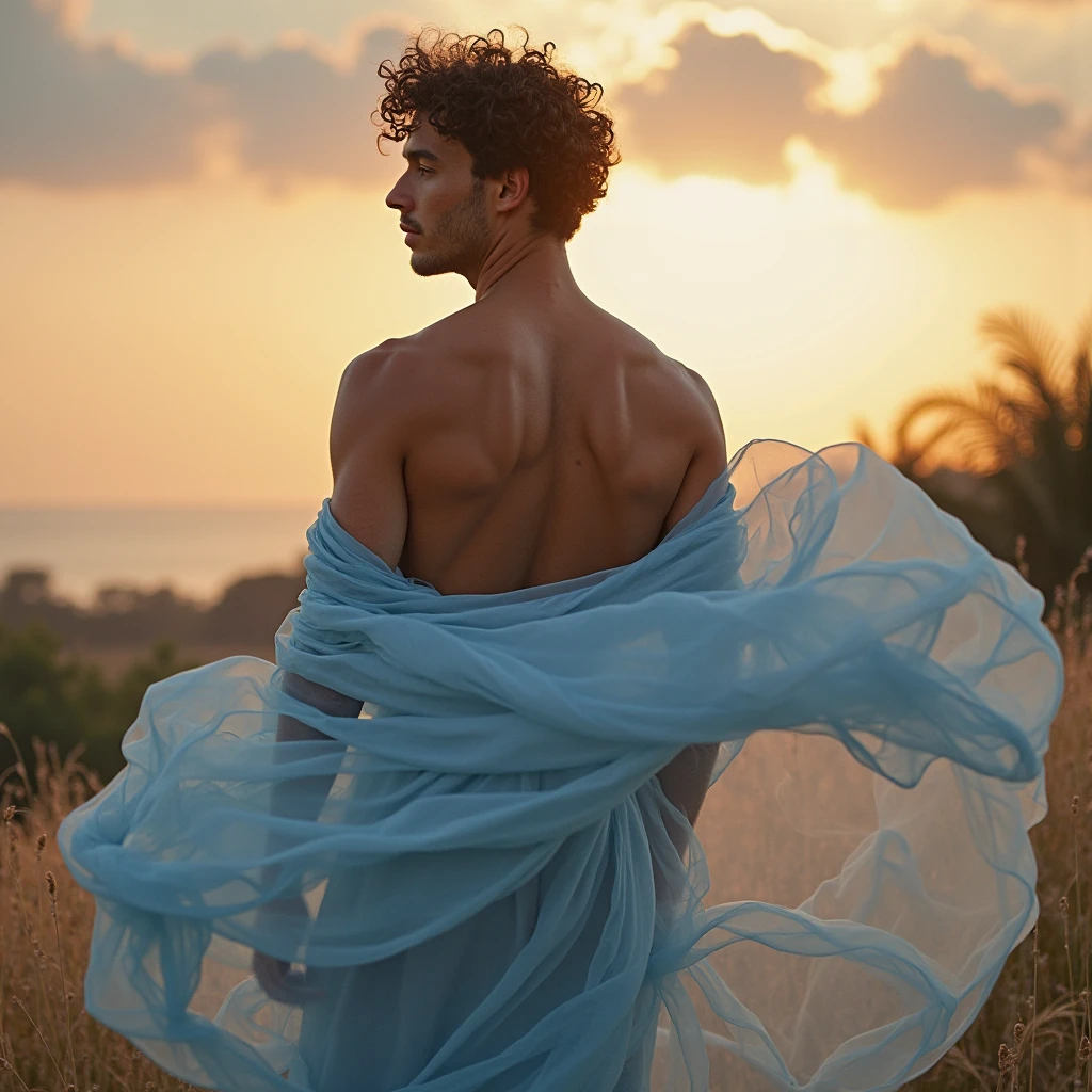 candid an photo of prince charming, 23 year old male supermodel, attractive and exotic, short curly blonde hair, a masculine appearance with slender smooth body, delicate and symmetrical face, natural olive skin tone, ((standing on a large seashell)), position in a graceful contrapposto stance, inspired by Sandro Botticelli's painting The Birth of Venus, he is wrapped in classical drapery sheer rainbow color fabric, with flowing dramatically in the wind, some fabric to billow as if caught by a gentle breeze. The composition include mythological elements, such as a backdrop of a serene with a golden sunrise and nymphs to frame the scene. Illuminate the scene with soft diffused lighting to create a dreamlike, celestial atmosphere, capturing the delicate interplay of light and shadow on his face and body. ((full body shot)), wide-angle lens on a high-resolution DSLR camera to capture the grandeur and intricate details of the setting, while shooting from a dynamic angle to emphasize the model's majestic presence. The overall mood should blend the classical elegance of Botticelli's work with a modern, high-fashion aesthetic, producing an image that feels both timeless and contemporary, adding the Two Cherubs in the sense to balance and harmony the photo, evoke the soft ethereal quality of the Renaissance style, POV, raw photo, ((masterpiece)), ((best quality:1.4)), High Resolution, (ultra_realistic:1.37), (photorealistic:1.4, (NSFW), ((Pay attention to the layer and arrangement of body parts and surrounding objects)), ((Pay attention to the body composition)), ((Correct body structure)), ((Correct photo distance)), romantic atmosphere, lively extremely Gorgeous background),