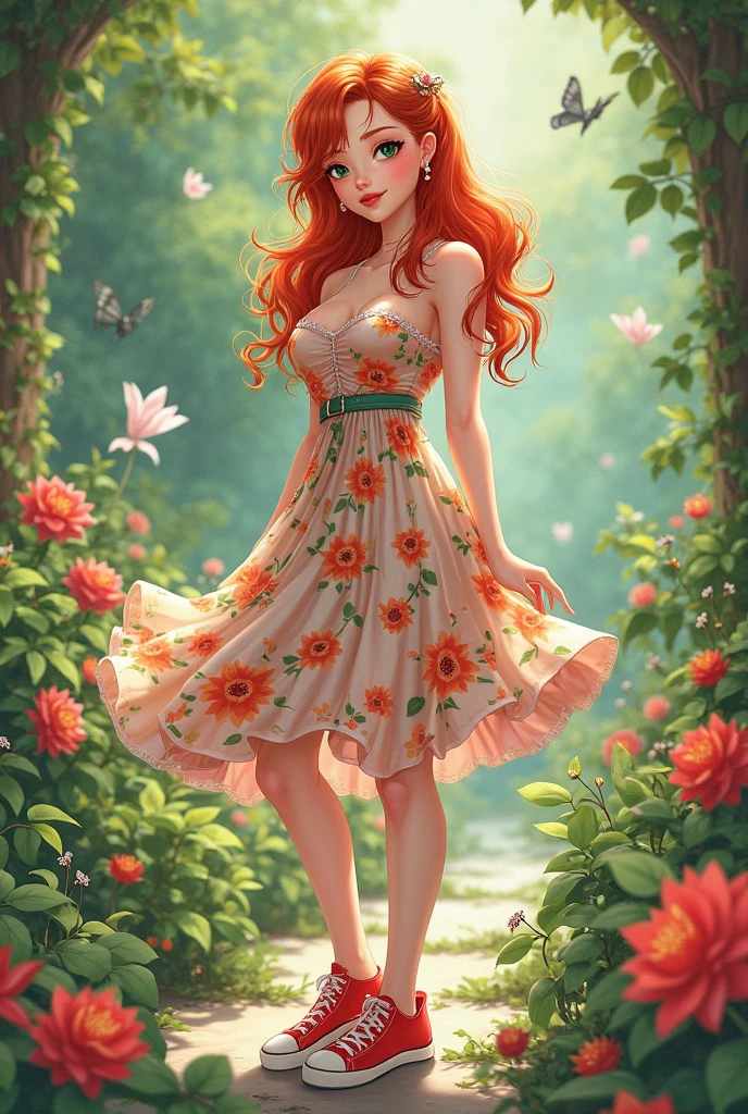 woman, short red hair, small breasts, flowery sundress, stop motion, realistic, panty peek,