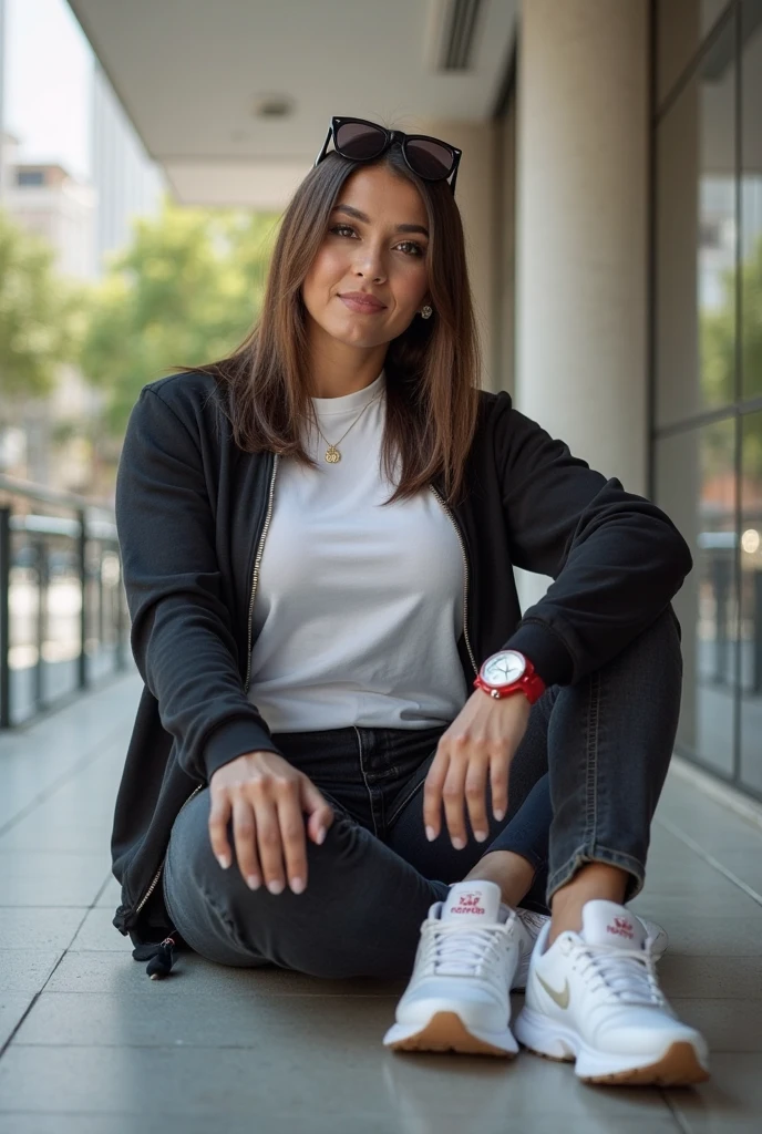 Medium view, of young aged, 22 year old, mom, gilf, milf, face portrait, jewish features, chubby, long hair, brown hair, curly hair style, Silky black Adidas tracksuit, in cozy home, sweaty