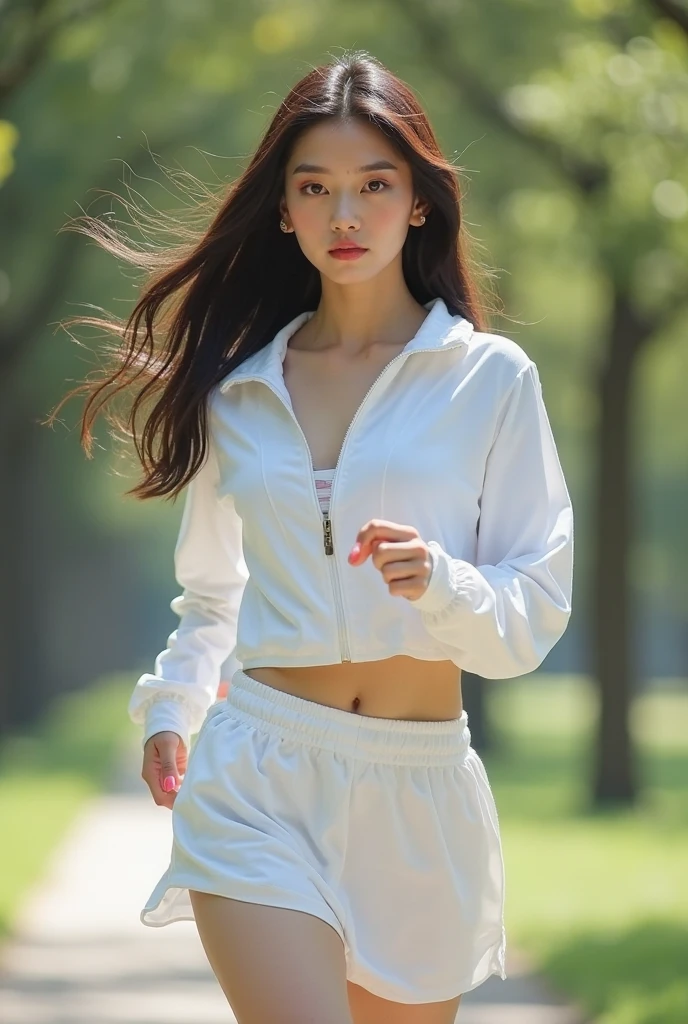 Beautiful woman jogging in blue tracksuit and sweatpants. A tri-colored tabby cat jumps and clings to the loose leg of his sweatpants. Until you see white panties, (blown by the wind:1.5), ((road)), (cowboy shoot:1.4), (perfect hand, inch details):1.5