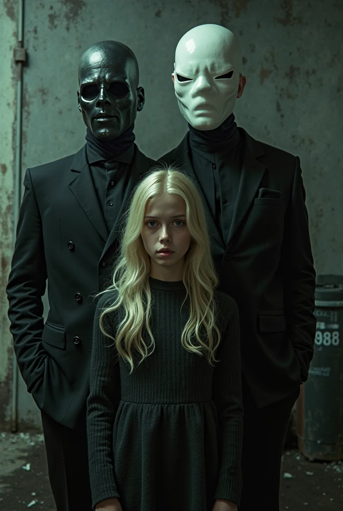 A girl. Amidst three tall soldiers in black suits