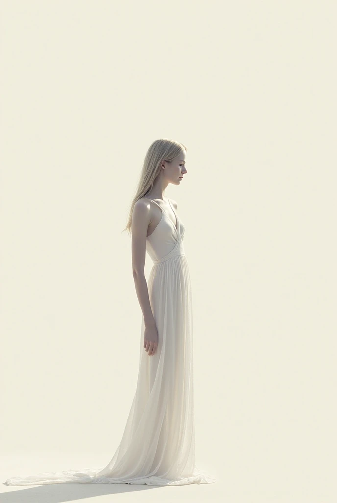 A close up of a beautiful girl, pale skin, perfect body, full body, standing in ethereal dress, background has a great painting