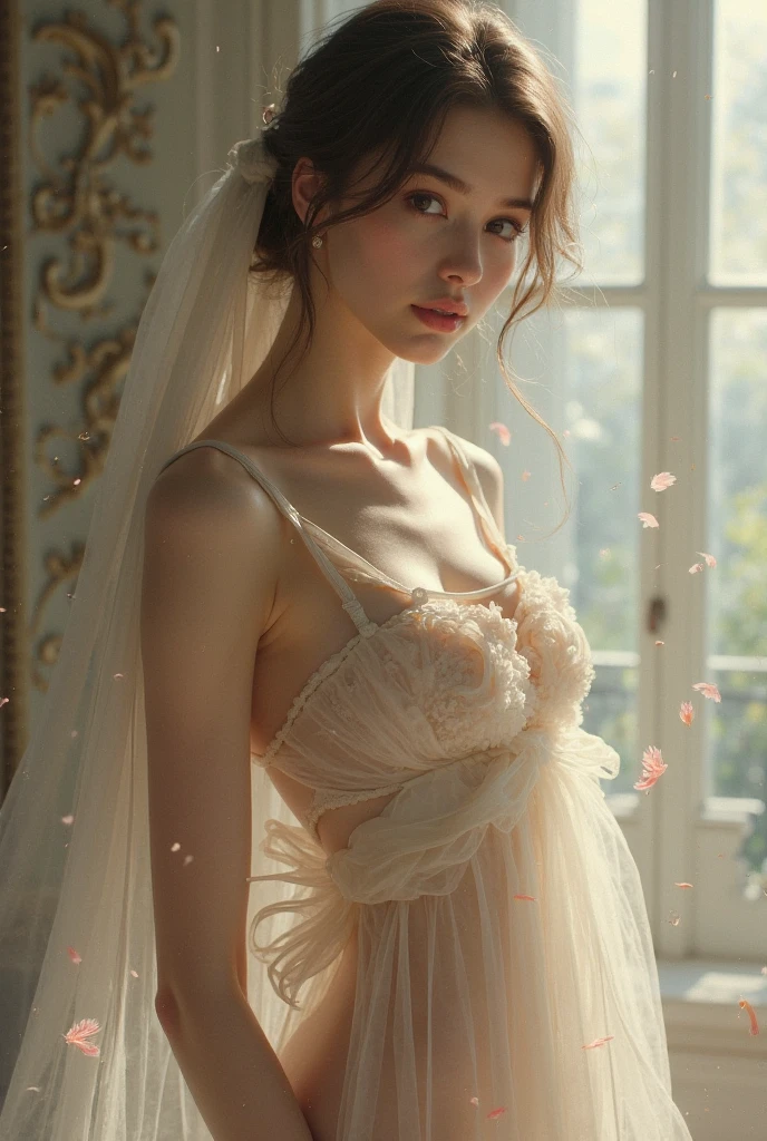 Foto de uma garota de 18 anos sentada no banheiro de baixo do chuveiro com vestido molhado e transparente, Looking at the camera startled ,8k ultra realista