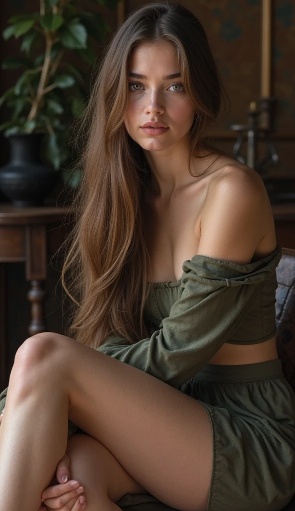 Sophia Lillis, plump body, long braided hair, high fantasy, elvish room, body wrapped in leaves