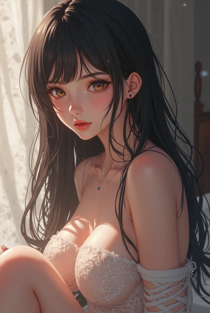 photorealisim、top-quality、超A high resolution、a picture、Photo of an exquisitely beautiful Nordic-born girl、Extraordinary beautiful girl、Highlights of cheek luster、Detailed cute and beautiful face、(pureerosface_v1:0.008)、Beautiful bangs、Narrow slit eyes、Glowing white shiny skin、shiny and beautiful hair、Silky hair、finer hair、high resolution eye beauty, Bright and clear,dismay、red blush、embarrassed from、glares、shiny lips: 1.4, 、Dazzling cleavage、red blush、barechested、18 year old womuru nude),((Beautiful shining nipples))、Wavy Hair, Brown hair, Narrow and long., Rough breath、(Woman lying on bed and looking away), Narrow waist, There is a bed in the bedroom, amazing image, Detailed textures, (are visible)、the whole、