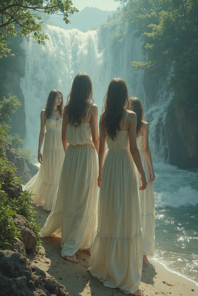 A grand scene of a mystical waterfall, where seven incredibly beautiful women with proportional figures are bathing. They are wearing sarongs wrapped from the chest down, and their long black hair flows gracefully. The mist from the waterfall creates a soft, ethereal atmosphere. The camera captures the scene from above, highlighting the elegance and serenity of the moment. The image is cinematic, hyper-realistic, with bright lighting and ultra-detailed textures, 8K, ultra-sharp, UHD.