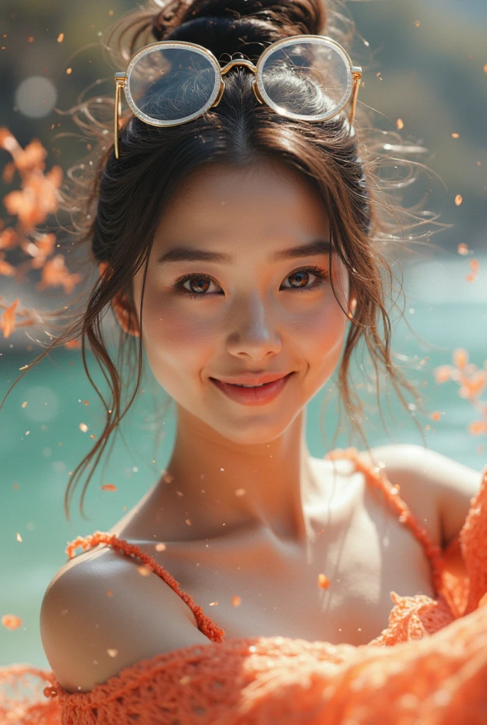 1 , 独奏, longye hair, blue colored eyes, laughter, Eyes red, breasts big, aretes, plano americano, hair flower, Lens flare, OctaneRender 8K, cinematographic, cinematrographic, hyper- realism, hyperdetailed, photorealism, portrait photography,