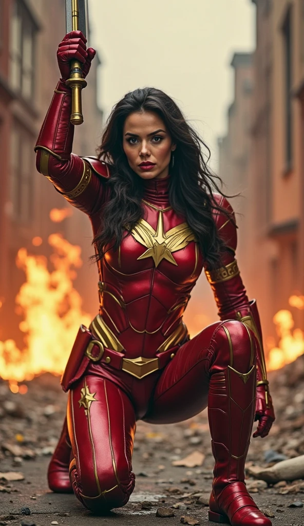 A beautiful woman with long black hair wearing a leather jumpsuit Captain America costume kneeling screaming exhausted after an extensive battle blood around her reflection of her in her blood apocalyptic city cars and buildings on fire Marvel Studios logo